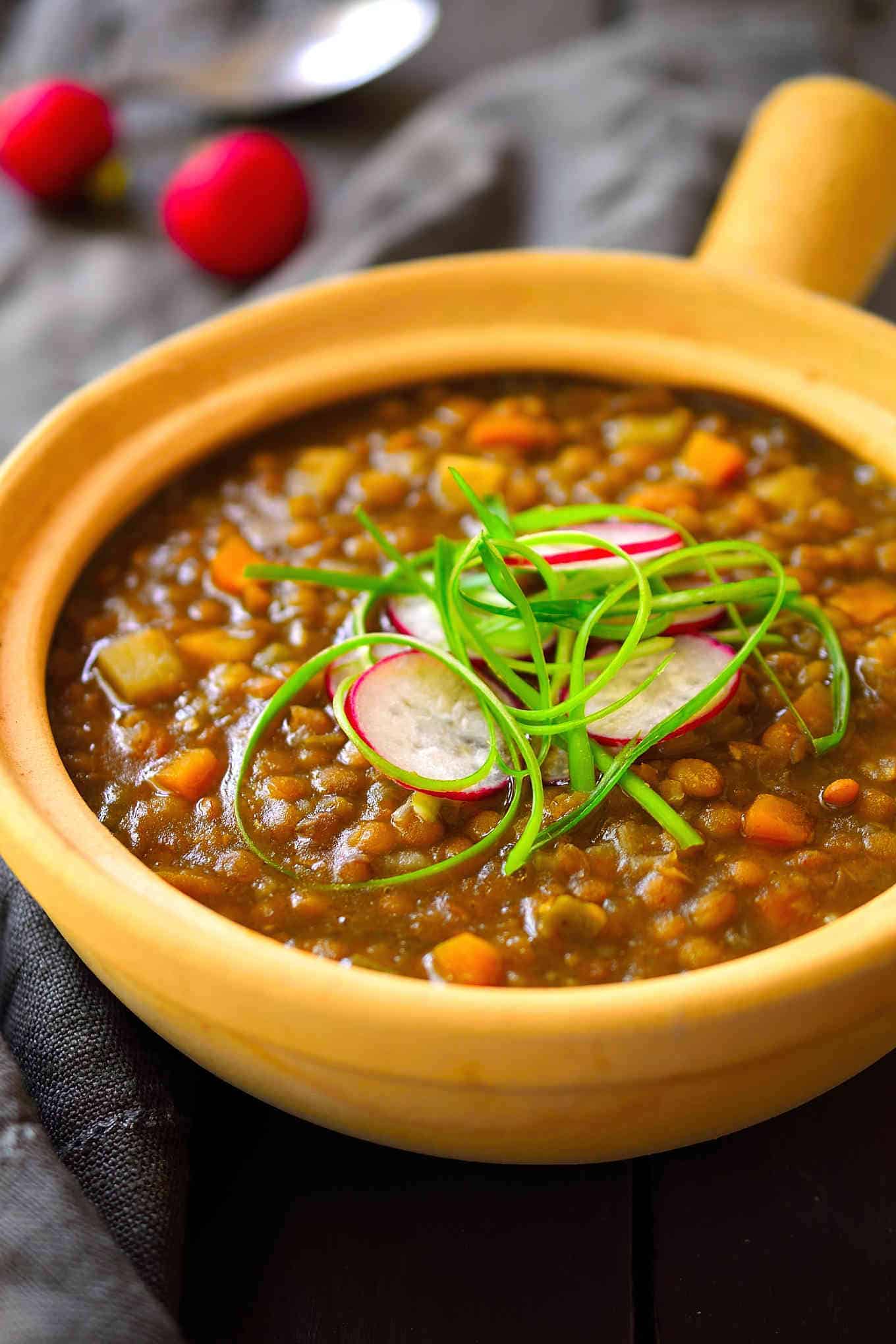 This Spanish-style vegan lentil stew is easy to make with very simple ingredients and perfect for vegans on a serious budget. Hearty and comforting, this oil-free recipe is great as a plant-based main dish for chilly evenings or as a side for a summer barbeque or picnic. It’s a freezer-friendly meal that comes in at only $0.46 a serving.