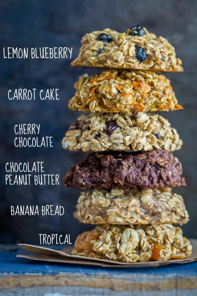 A stack of 6 different flavours of vegan breakfast cookies.