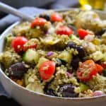 This pesto quinoa salad is quick and easy to make, packed with flavour and a rainbow of Mediterranean veggies. The perfect weeknight dinner when you don’t feel like cooking or a great picnic, potluck or barbecue side dish!