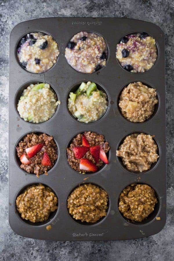 A muffin tin filled with 5 flavors of steel cut oats.  