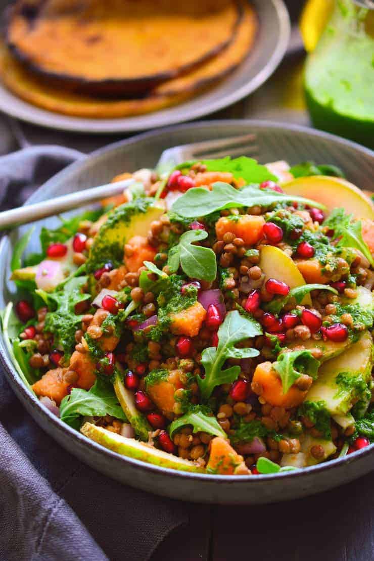 This autumn lentil salad served over chickpea pancakes is a protein-packed meal that’s easy to make and makes use of the best of the season’s produce. Serve this salad warm or cold, as a main or as a side. It’s great as a make-ahead meal or to take to a potluck. Is there anything this salad doesn’t do?