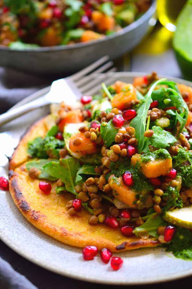 This autumn lentil salad served over chickpea pancakes is a protein-packed meal that’s easy to make and makes use of the best of the season’s produce. Serve this salad warm or cold, as a main or as a side. It’s great as a make-ahead meal or to take to a potluck. Is there anything this salad doesn’t do?