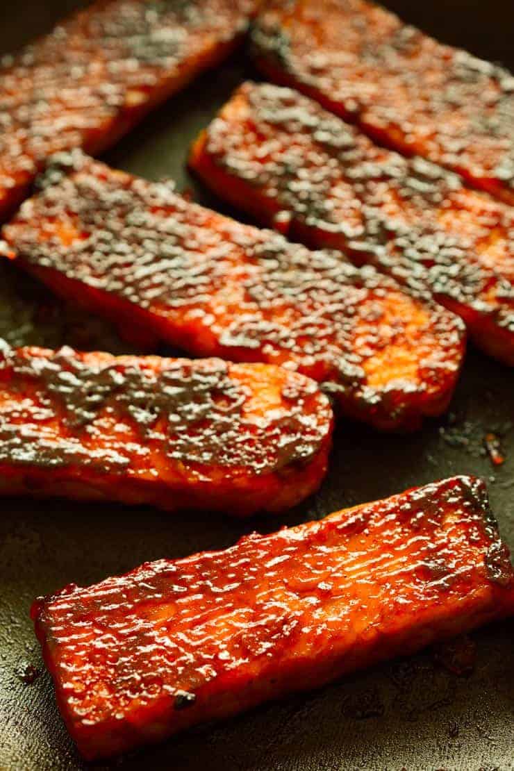 BBQ tempeh in a pan.