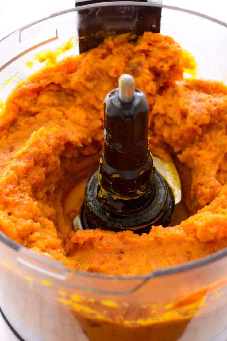 The pumpkin and chipotle pepper puree in the food processor.
