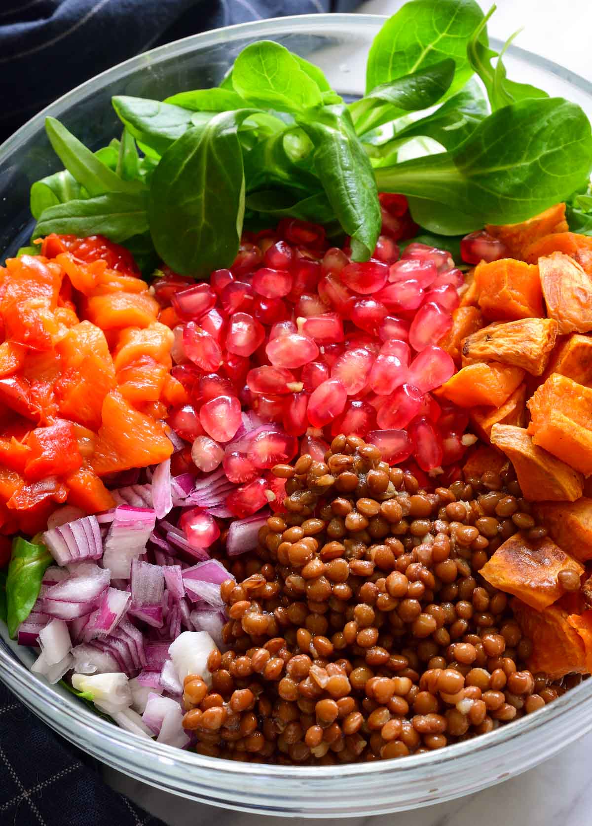 Lentils, red onion, roasted red pepper, sweet potato, pomegranate and leafy greens in a bowl before mixing.