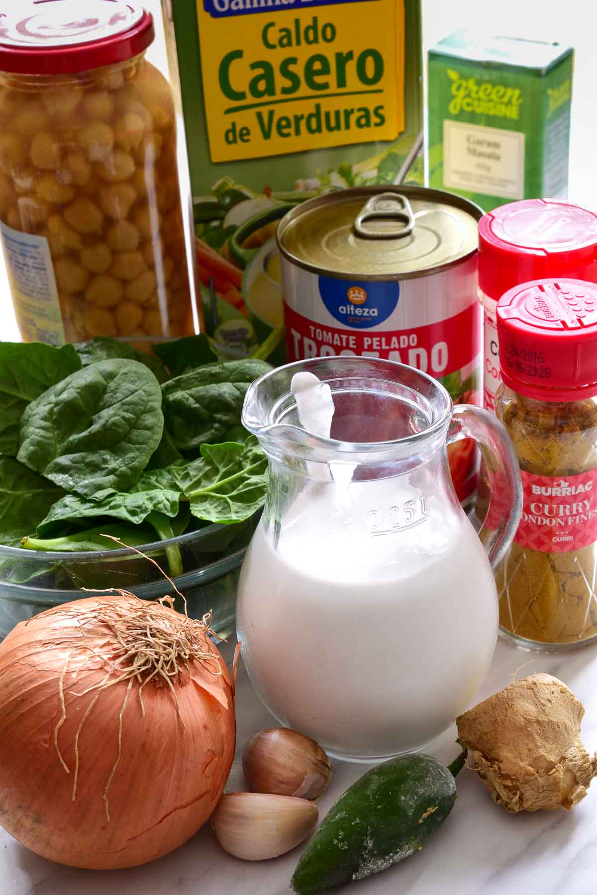 All the raw ingredients for coconut chickpea curry.
