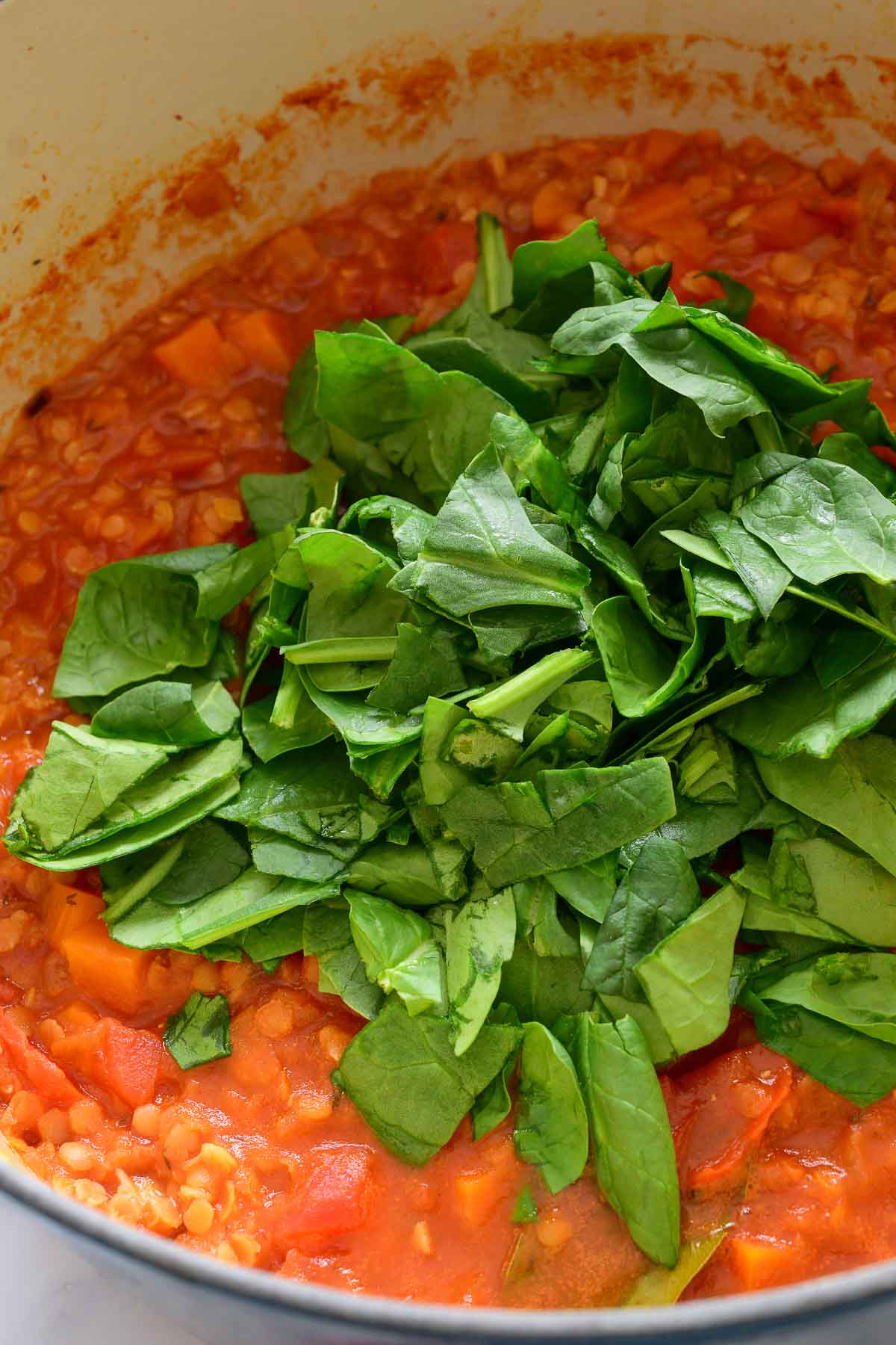 A pile of chopped spinach on top of a pot of red lentil stew.
