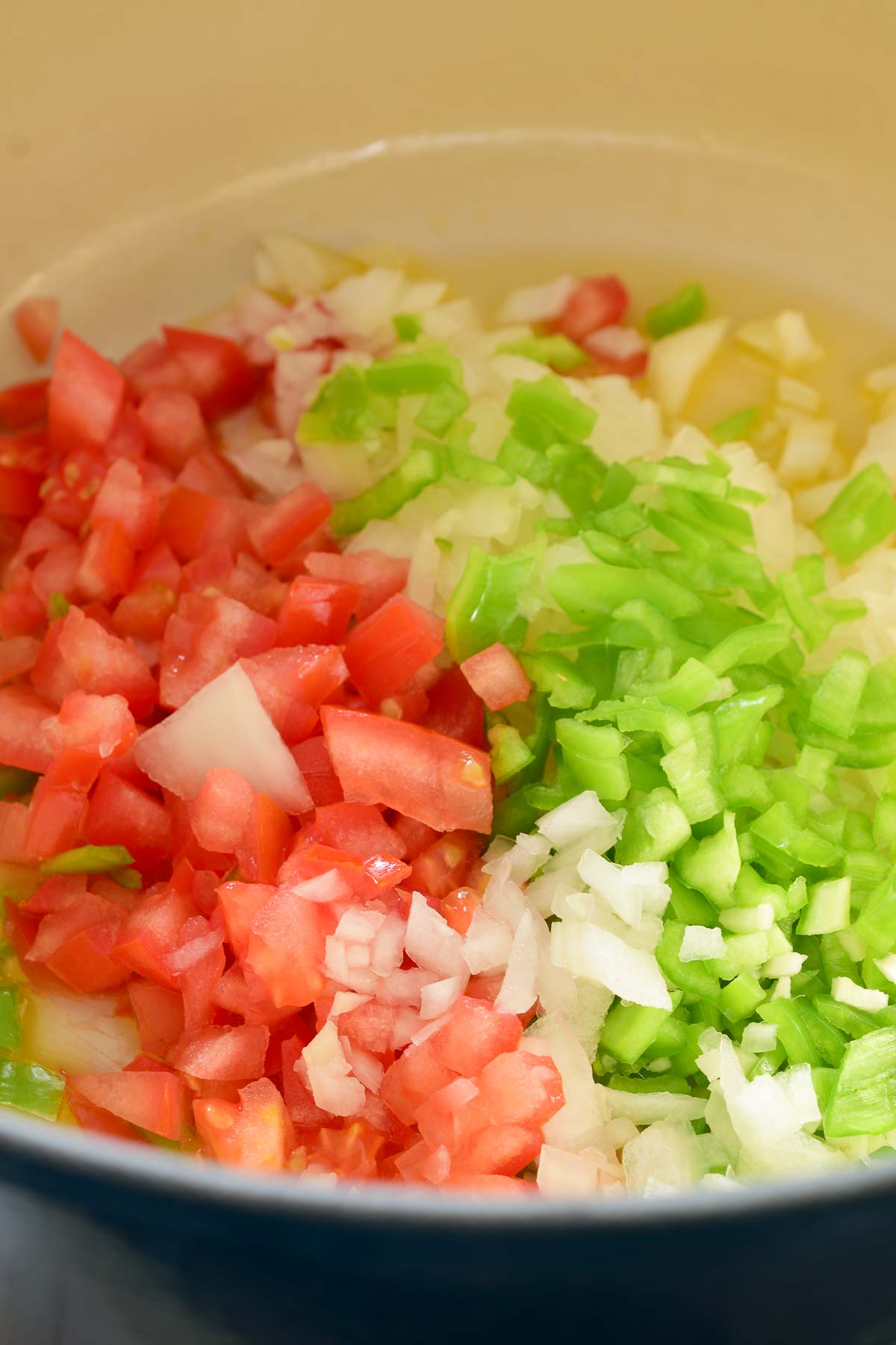 Tomato, onion and green pepper chopped up in a blue pot.